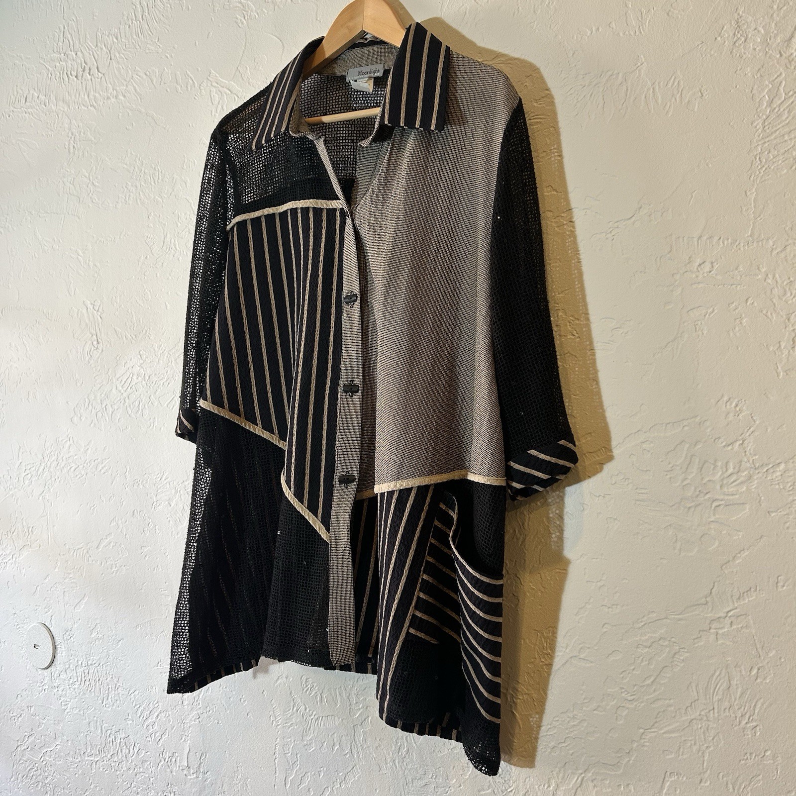 Moonlight XL Mesh Patchwork Button Front Top Blac… - image 4