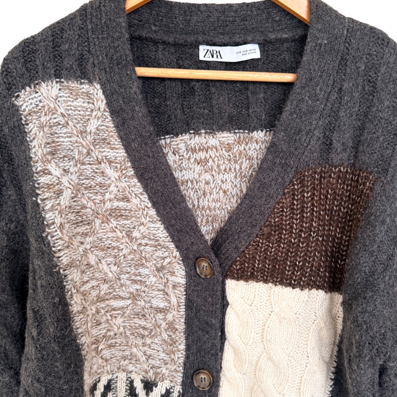 ZARA Patchwork Knit Cardigan Gray Multi Browns Bu… - image 4