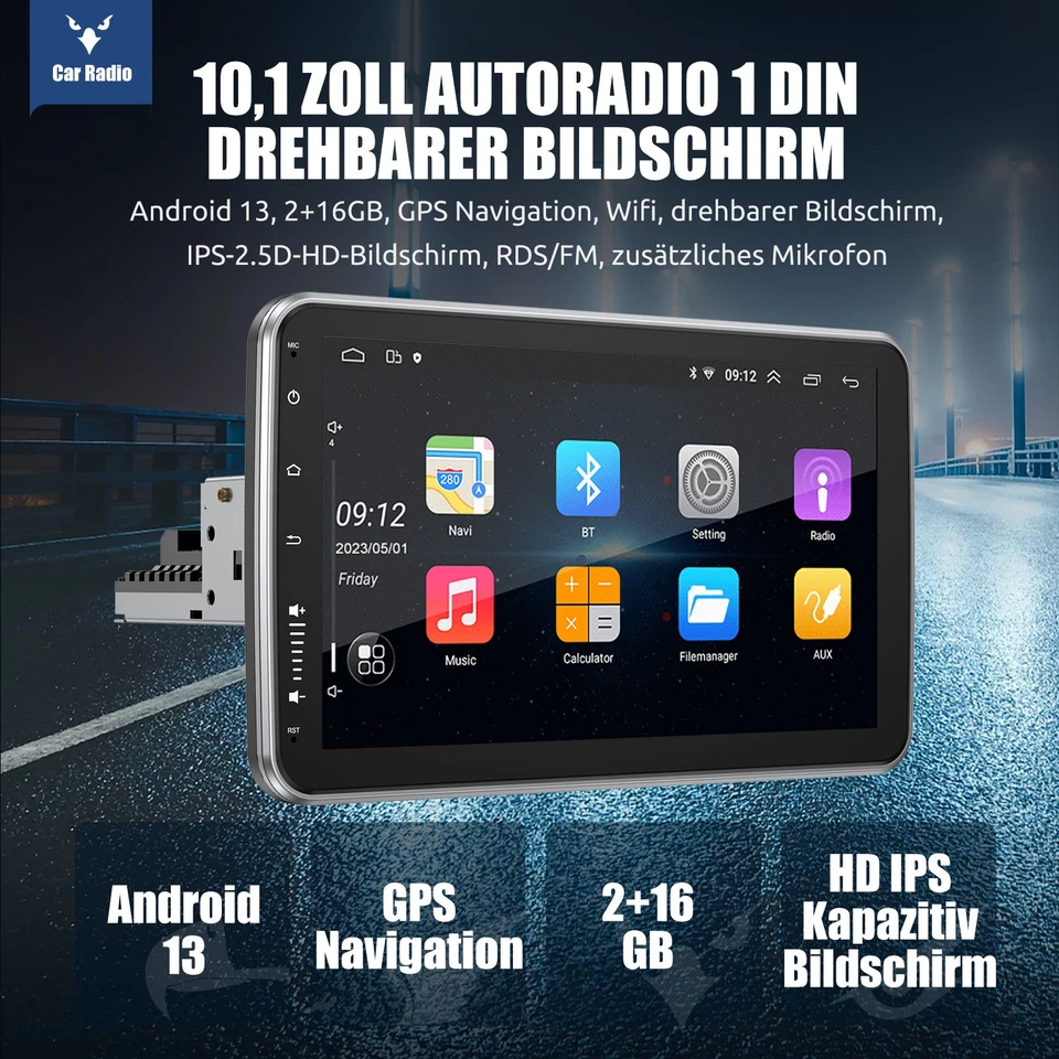 10.1" Autoradio Android 13 GPS KAM 1 DIN WIFI BT 360° Grad Drehbarer Bildschirm - Bild 2 von 4
