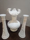 White Hobnail Milk Glass Glossy Ruffled Rim Textured Large Vase & two bud vases