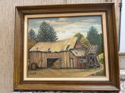 E. Heidt Framed Signed Canvas Oil Painting Old Barn Stagecoach Stop Realism