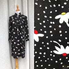1970 Black white yellow red daisies long sleeve bow tie shirt dress