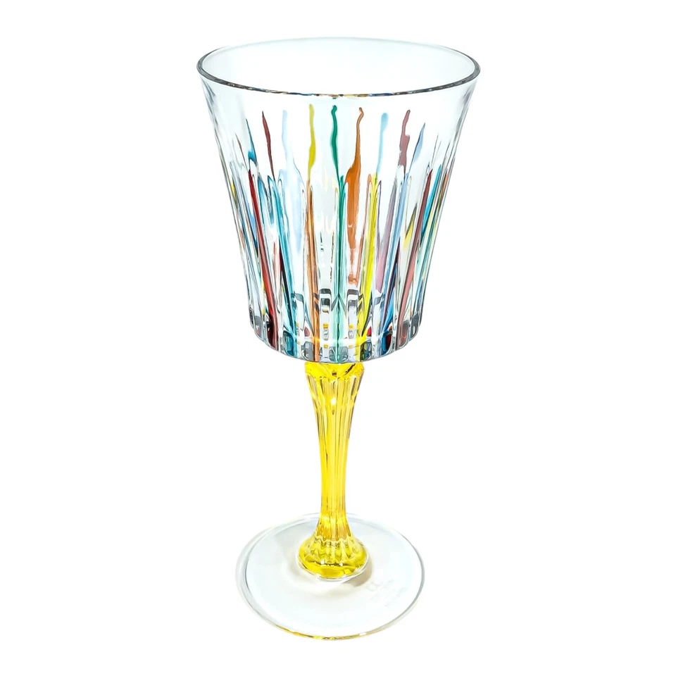 Pair of 2 Murano Wine Glasses Multi Colour Yellow Stem Hand Painted Venice Italy - Image 4 of 4