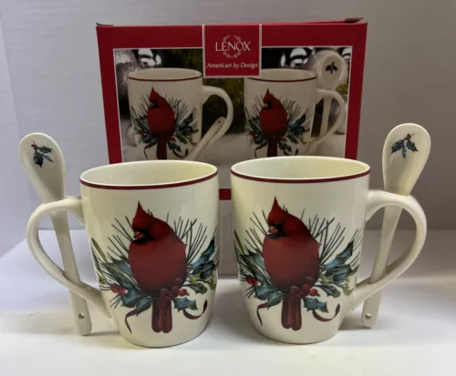 Lenox Winter Greetings Cardinal Cocoa Mugs Coffee Set of 2 Holiday NEW Boxed