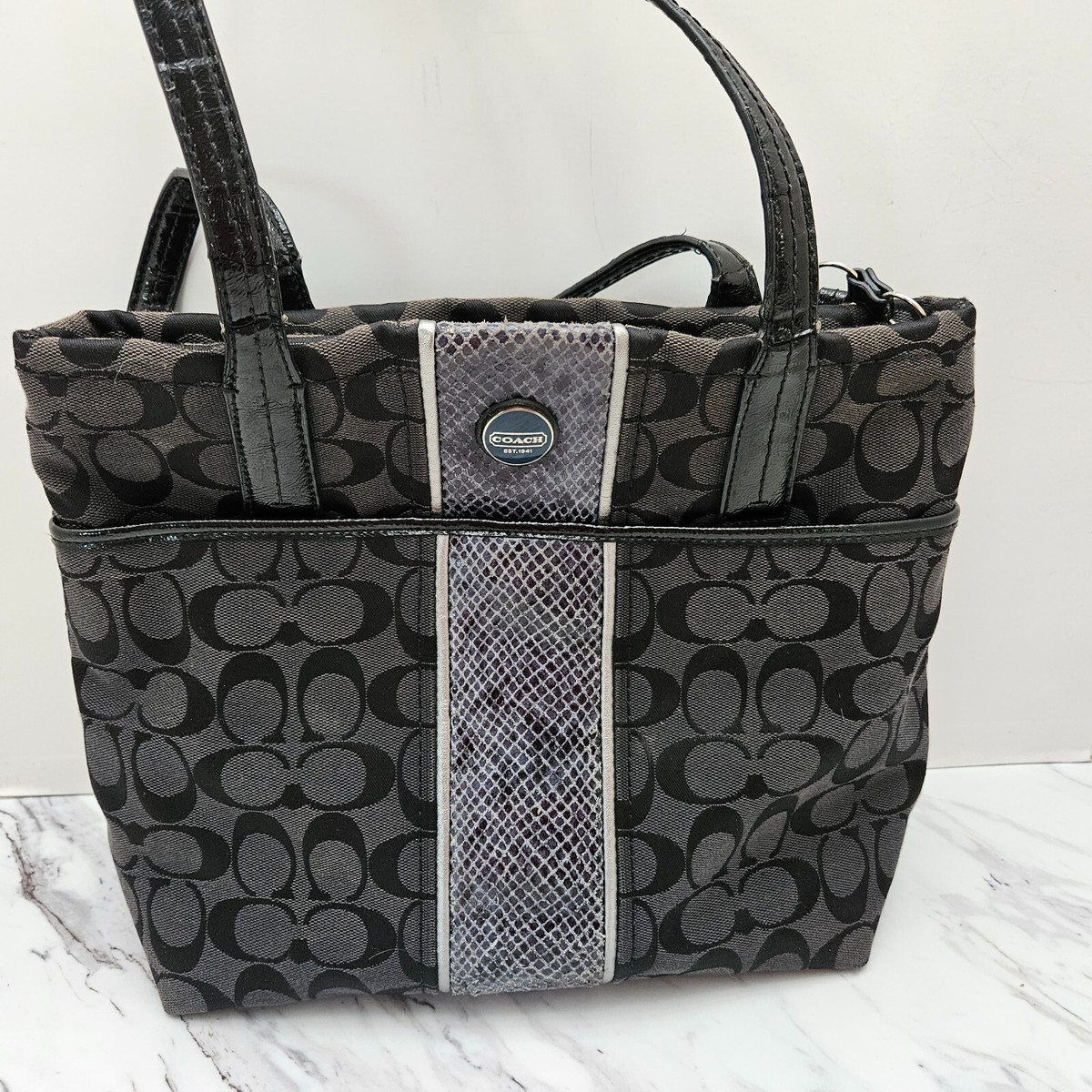 COACH Signature Python Stripe Tote Shoulder Canvas Handbag (H1360