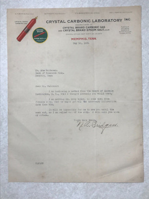 Crystal Carbonic Laboratory epson salt Memphis TN 1931 Vintage Letterhead MBE73