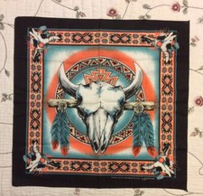 Southwest Themed Bovine Skull  Feathers Bandana 22  x 22  Made in the USA NWOT