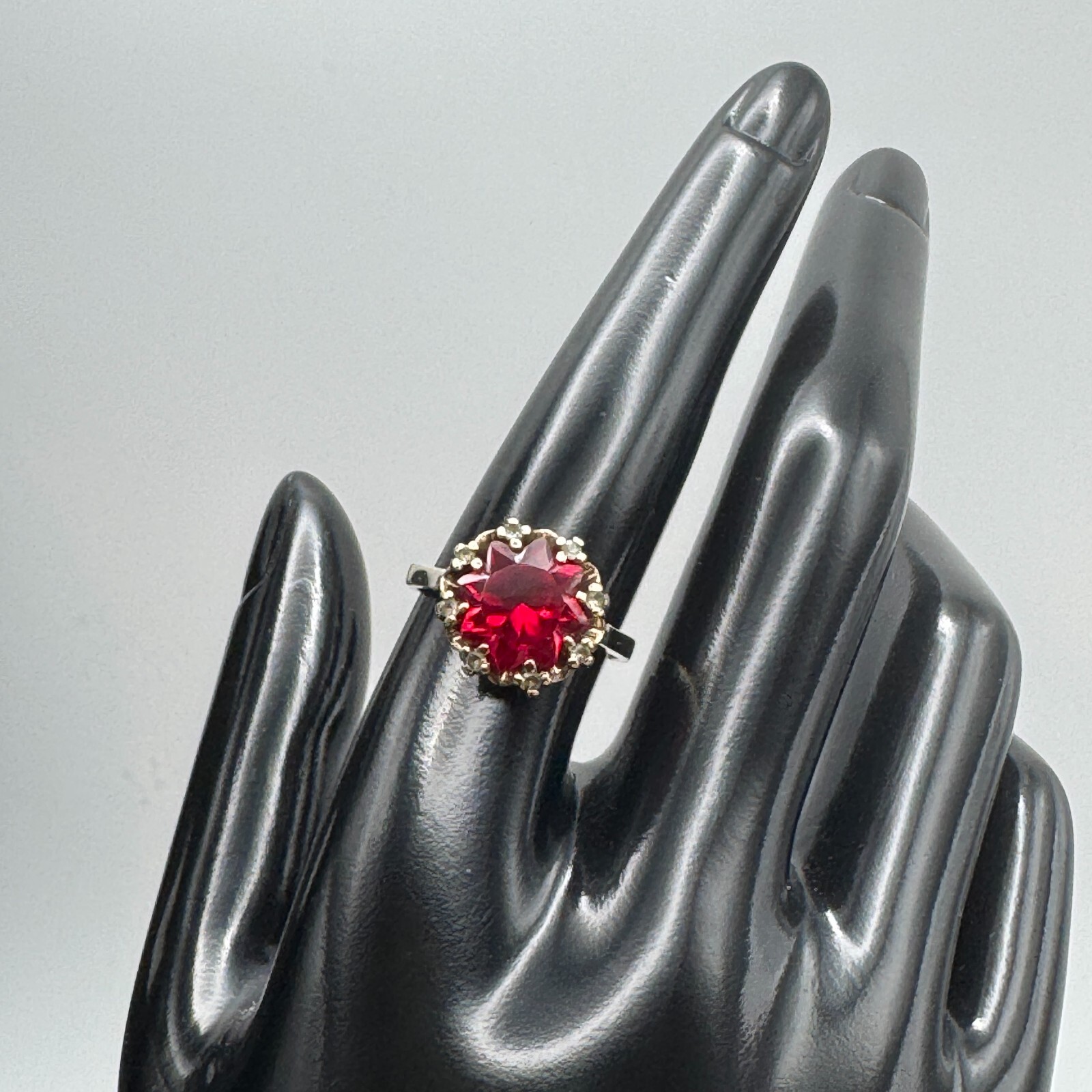 Solid 10k Gold Ring with Lab Ruby and Diamond / V… - image 10