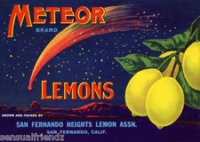 Meteor Lemon Fruit Crate Label Art Print Vintage San Fernando Heights California