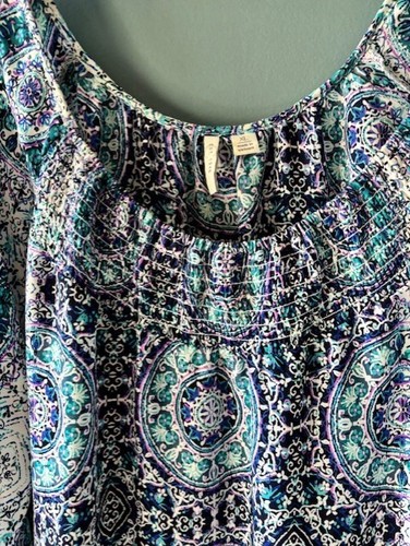 C Est 1947 XL Blouse Blue White Off Cold Shoulder Boho Coverup Mandala Fringe - Picture 4 of 10