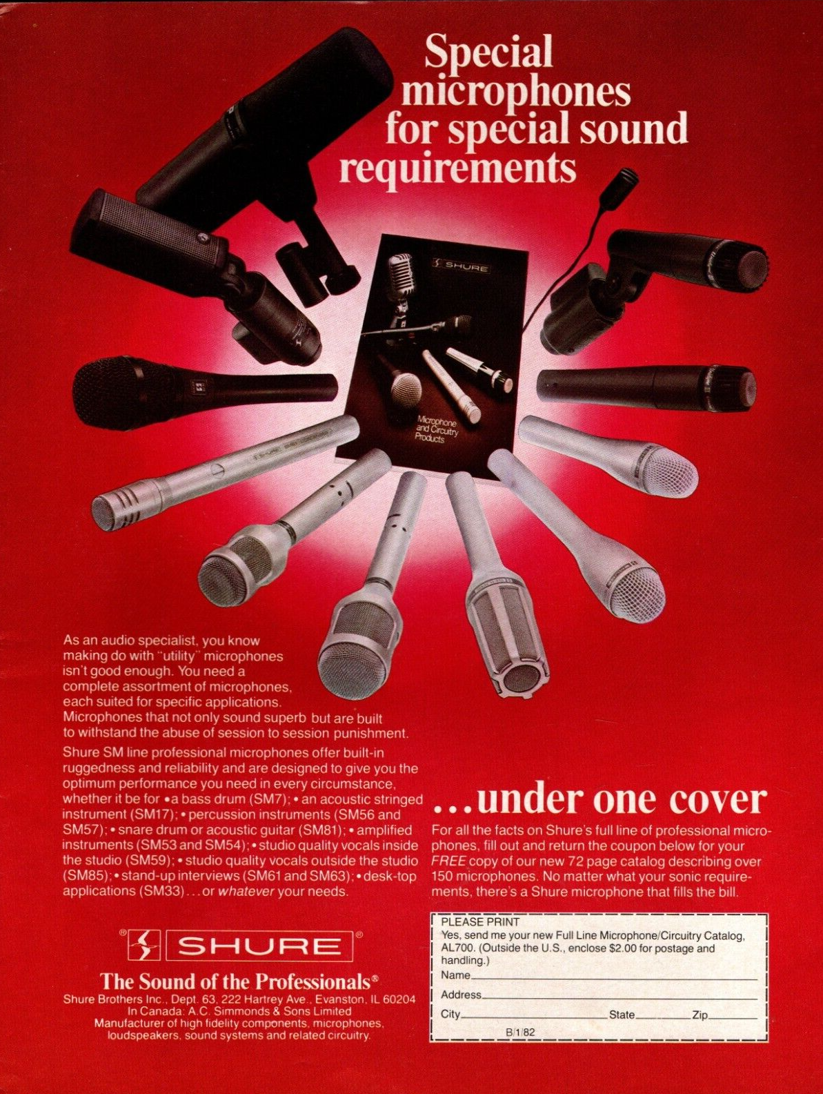 Sm85 vtg 70s 80s SHURE MICROPHONES MAGAZINE PRINT AD Studio Live SM49 SM85 ...