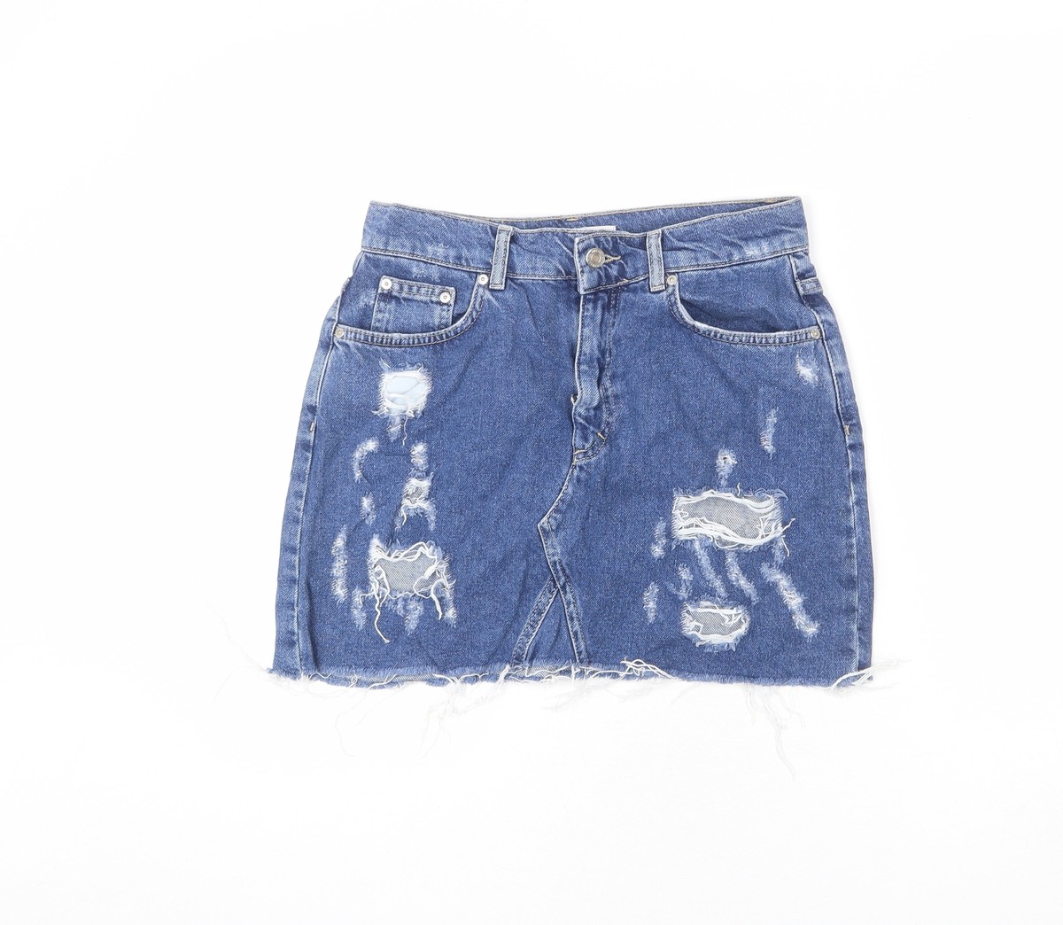 Pull&Bear Womens Blue Cotton Blend A-Line Skirt Size M W30 Distressed Denim