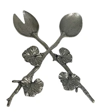 Geranium Leaf Salad Servers Metalware Twig Handles 12" Serving Fork and Spoon