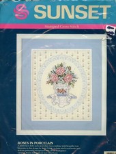 Vintage Sunset Stamped Cross Stitch Kit Roses in Porcelain 12" x 14" on Muslin