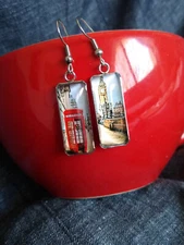 Great British Vogue Red Telephone Box & Big Ben Handmade Glass Earrings UK Theme