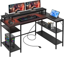 Panana L Shaped Gaming Desk with LED Lights Power Outlets USB Stand & Shelves