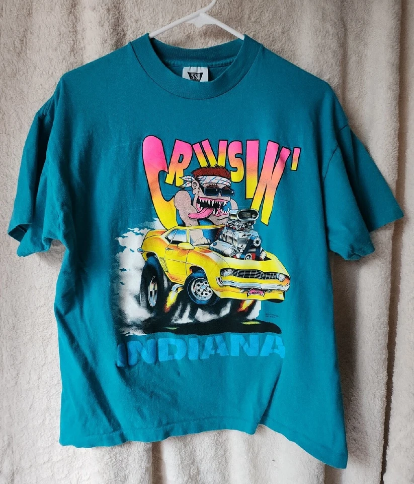Camiseta de Colección Cruisin' Indiana Teal Juvenil Talla L Muscle Car Hot Rod Años 90 SSI EE. UU. Foto 2 de 4