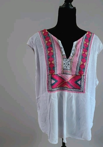Lucky Brand Boho Embroidered Linen Blend Tank Top White 3XL Sleeveless Shirt