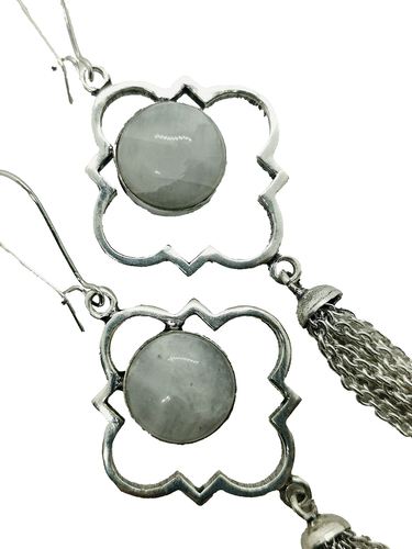 Natural White Moonstone Silver Gothic Chain Dangles Earrings (551H) - Picture 7 of 9