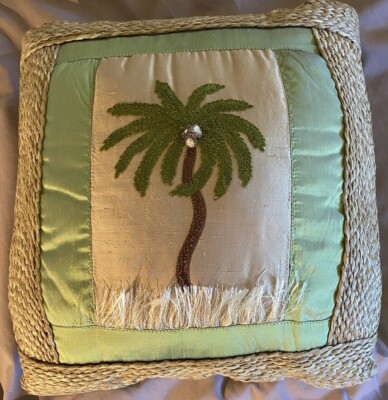 NEW 18''x18'' PALM TREE Grass Hut To The Moon Designs  PILLOW Tropical Coastal