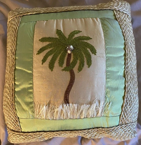 NEW 18"x18" PALM TREE Grass Hut To The Moon Designs  PILLOW Tropical Coastal