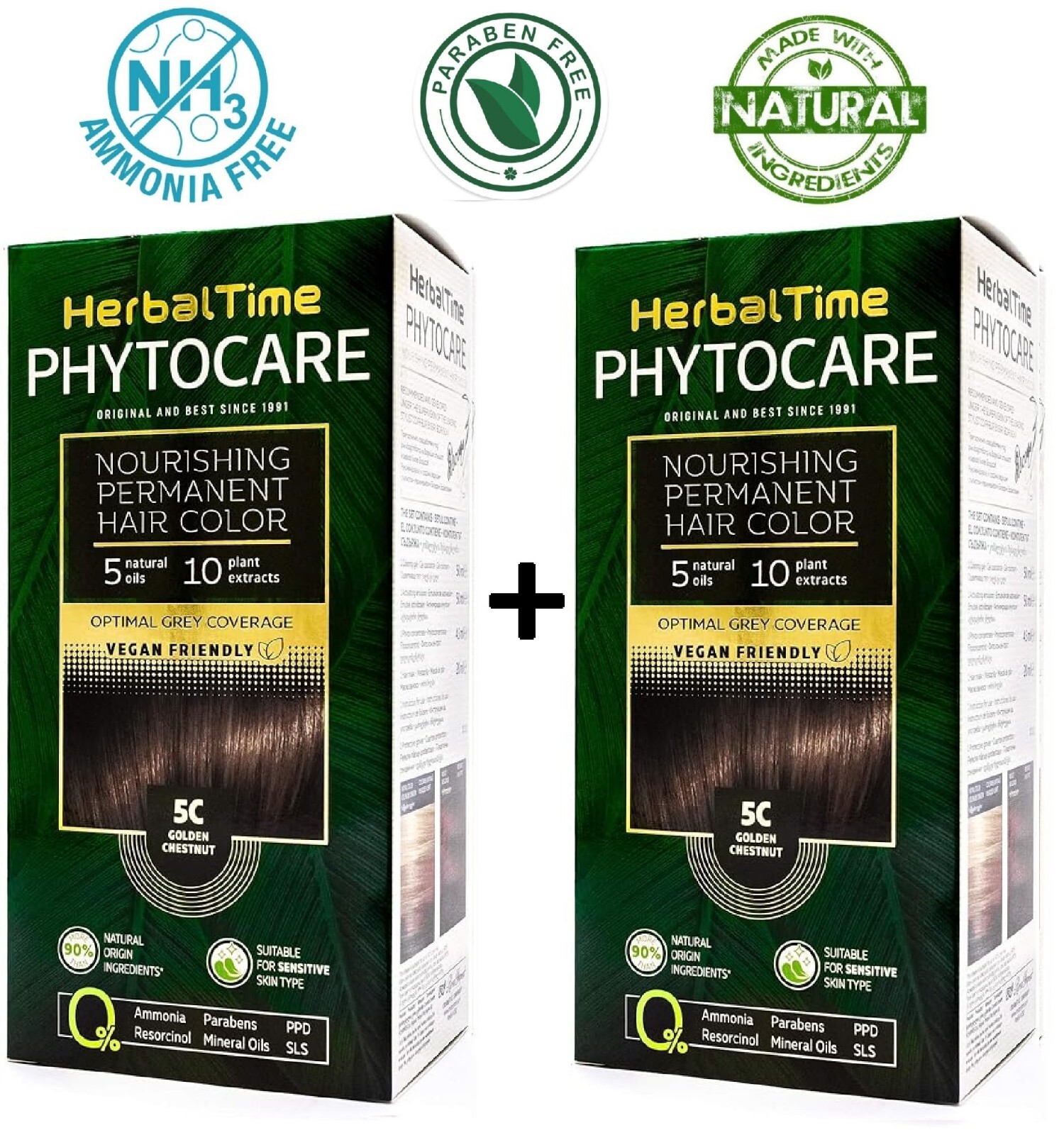 2 шт Краска для волос питательная без аммиака 5C Золотистый каштан Herbal Time