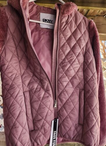 DKNY Sport Kids Girl's Faux Fur Jacket Hooded, Size 14/16 *NEW* With Tags - Picture 3 of 8