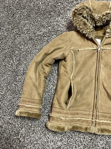 Vintage Youth Girls tan Brown Soft Faux suede fur lined winter Boho coat hooded - Picture 3 of 7