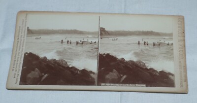 NEWPORT NORTH JETTY Oregon | *Serf Bathing* Crawford + Paxton Stereoview Photo