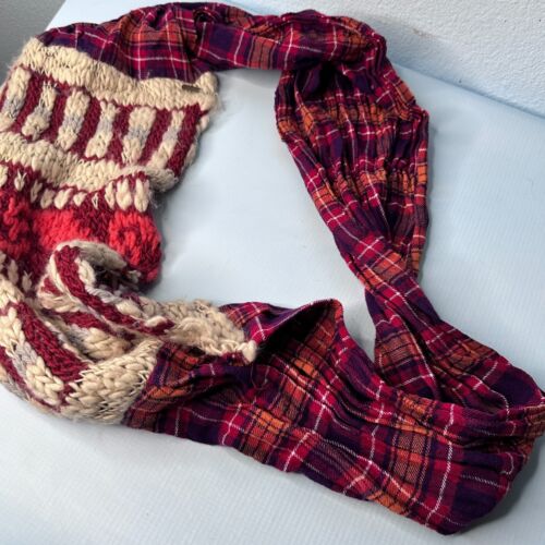 Free People Plaid Knit Wool Blend Infinity Scarf Red Cream Silk Mohair - Picture 3 of 5