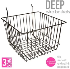 Only Hangers Deep Wire Baskets For Gridwall, Slatwall and Pegboard - Black 3pk