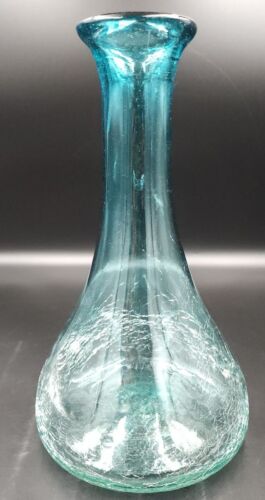 Handblown Crackle Glass Vase Decanter Ombré Blue Aqua Mid Century Modern 10" - Picture 1 of 4