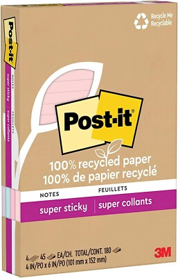 Post it 100% Recycled Paper Super Sticky Notes, 4x6 in, 45 Sheets 1 Pack