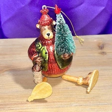 Glass Christmas Ornament Bear Holding Tree, Bird and Bird House, Jointed 6 1/2"L