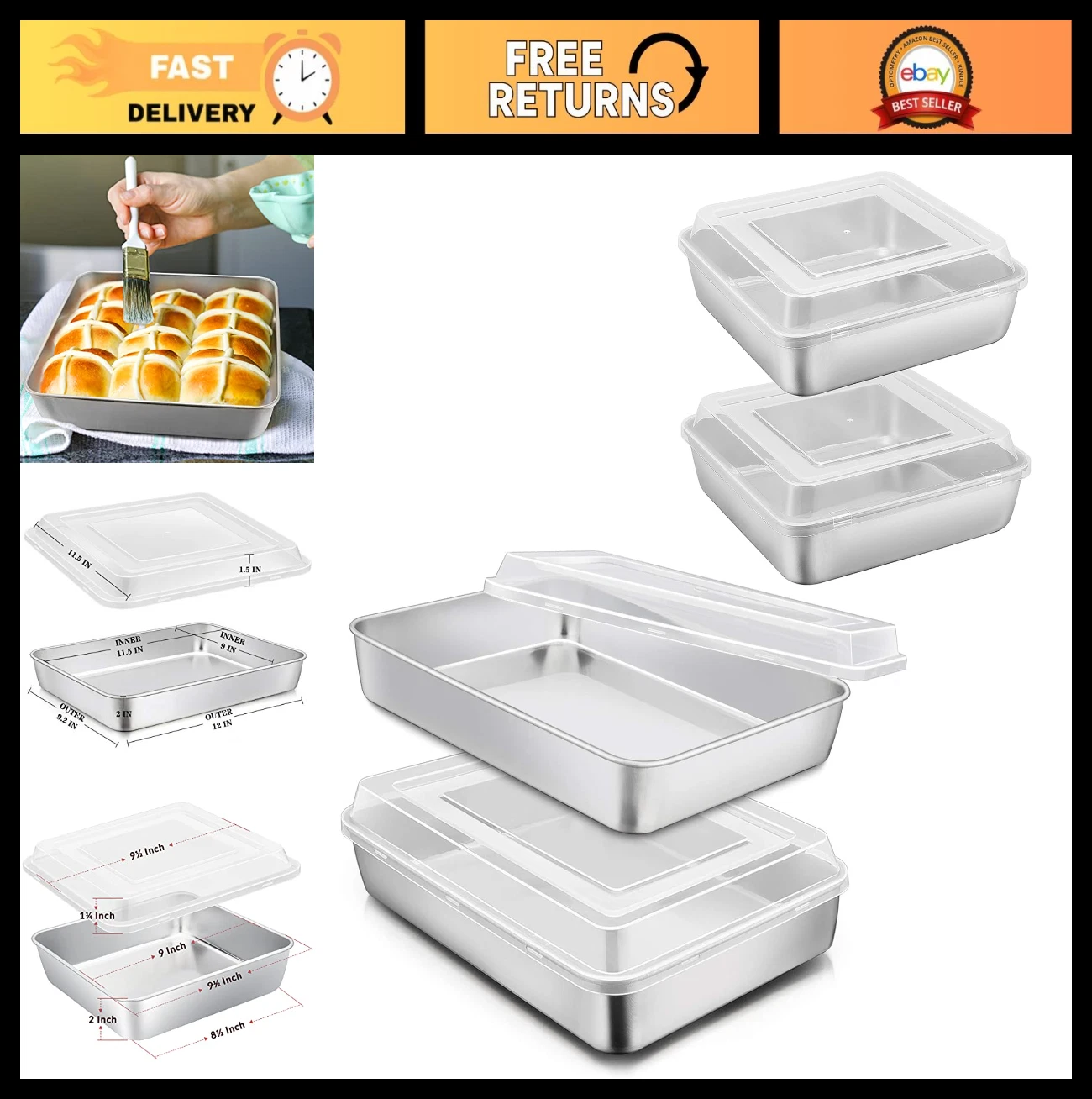 12⅓" x 9¾" Baking Sheet Pan with Lid & 9" Square Cake Pans, Stainless Steel Bake