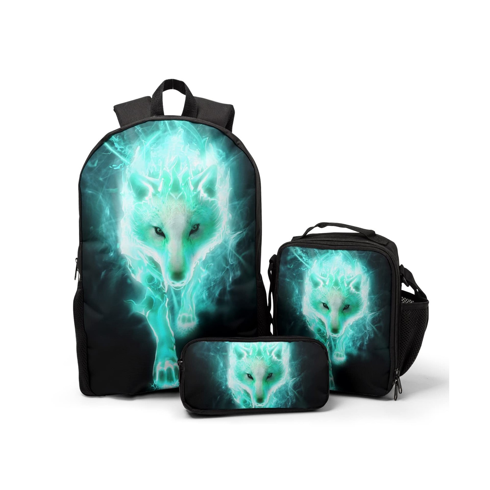 Giwawa Cyan Wolf Backpack 3-Piece Set, Cool Wilderness Animal Patte... Fast Ship