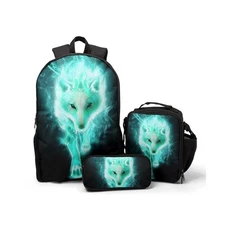 Giwawa Cyan Wolf Backpack 3-Piece Set, Cool Wilderness Animal Patte... Fast Ship