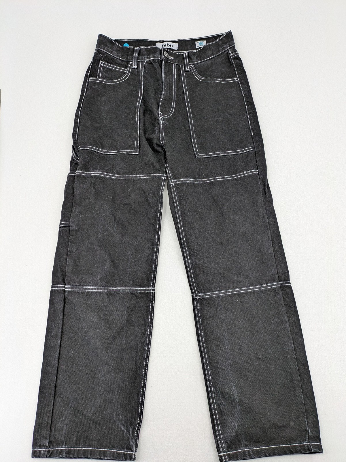 FSBN Herren Nick Baggy Jeans XS Schwarz Wide Leg Skater Kontrastnähte Denim