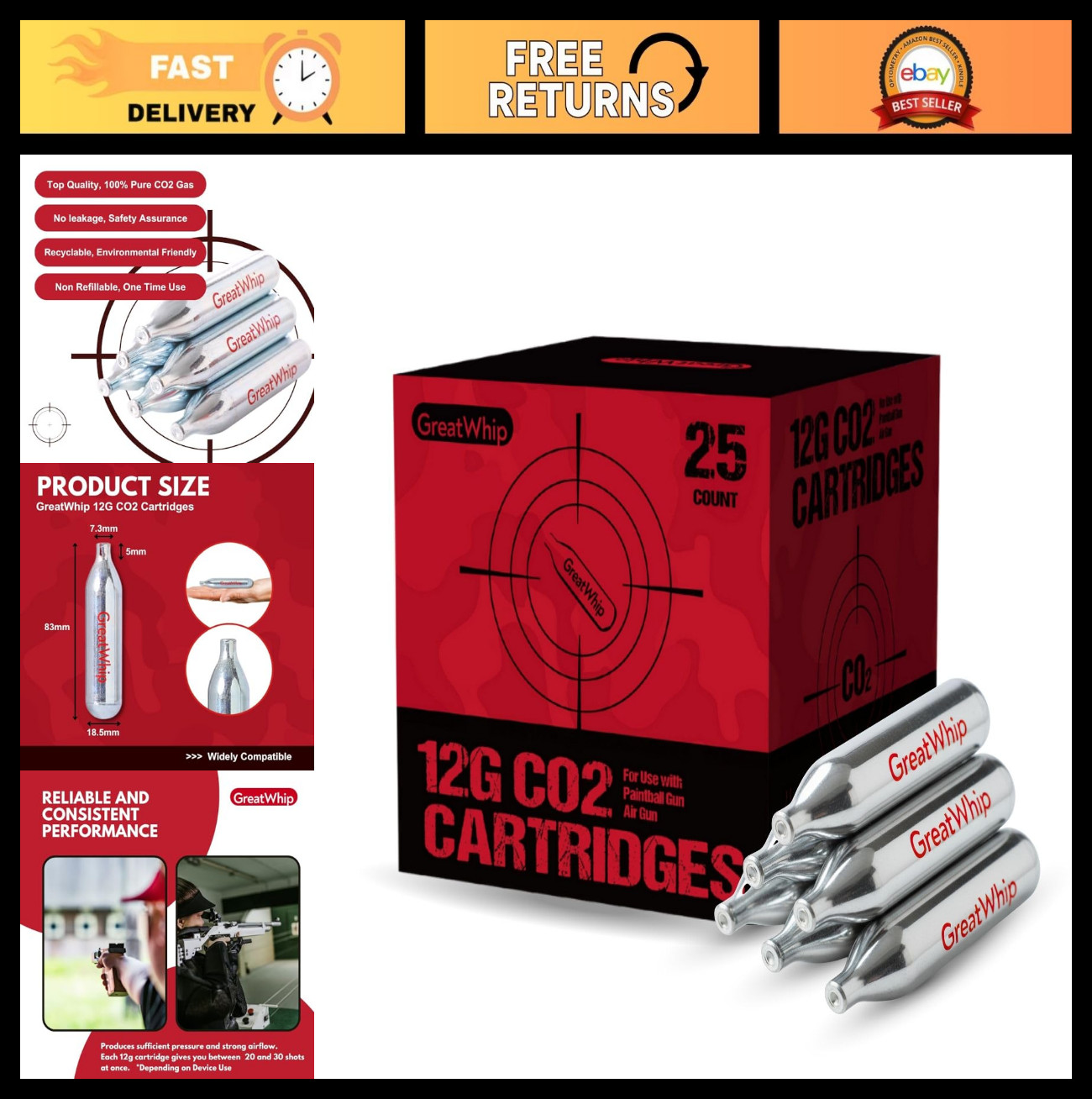 25 CO2 Cartridges 12g Non-Threaded for BB Guns, Airsoft, Air