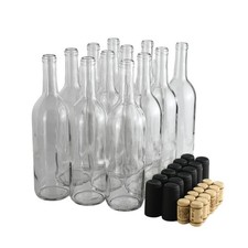 750ml Wine Bottles with Cork, Clear W5 Bordeaux, 12-Pack w/ Shrink Sleeves