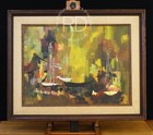 VINTAGE MID MODERN ABSTRACT HARBOR LIGHTS PALLET KNIVE OIL CANVAS PAINTING 1960s