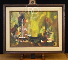 VINTAGE MID MODERN ABSTRACT HARBOR LIGHTS PALLET KNIVE OIL CANVAS PAINTING 1960