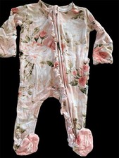 Posh Peanut EUC Coral Floral Ruffled Bamboo Dual Zip Footie-Newborn