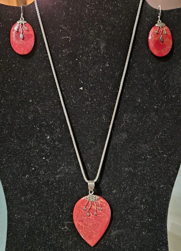 Beautiful Red Sponge Coral Gemstone 925 Silver Necklace + Earring Jewelry Set