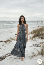 Women's Gray Striped Halter Neck Smocked Maxi Dress Tie Back One Size Rayon