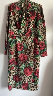 Dolce & Gabbana Rose Leopard Tie Neck Stretch Silk Midi Dress Gr. IT 50 / DE 44