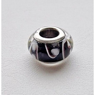 925 STERLING SILVER RETRO SLIDE CHARM MURANO GLASS BUBBLE BEAD BLACK SWIRLS AT
