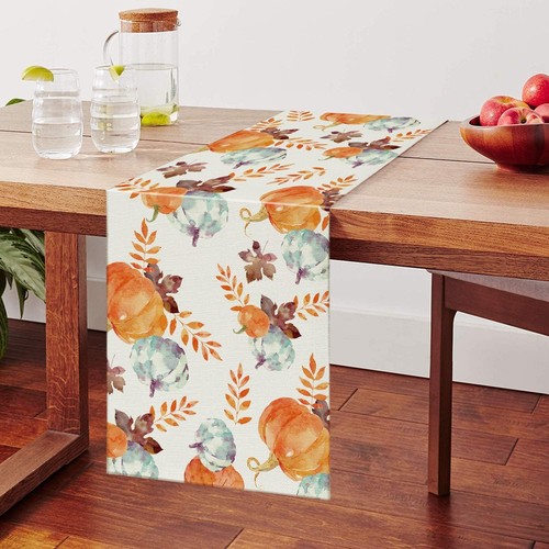 13x120 Inch Fall Watercolor Pumpkin Autumn Harvest Thanksgiving Table Runner - Picture 3 of 5