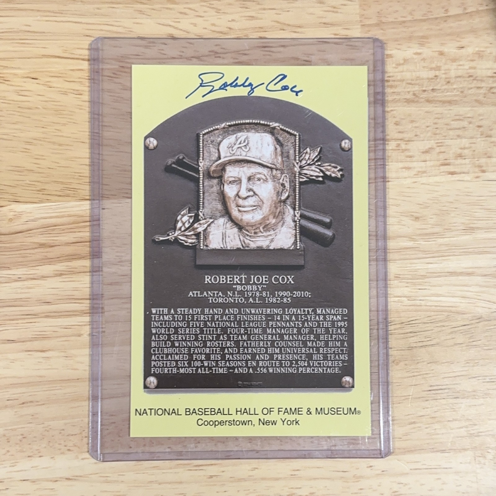 Bobby Cox Baseball Hall Of Fame Autographed Hand Signed Plaque Card JSA COA
