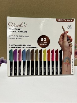 TEMPORARY TATOO Markers-7 Metallic Brush Pens& 6 Fine Tip -50 Tatoo Stencils